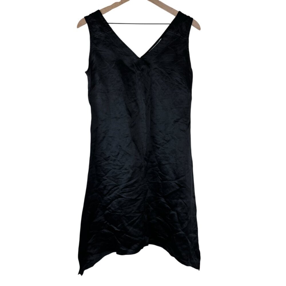 NWT Nuthatch Black Satin Silk Linen V-Neck Asymmetrical Hem Dress